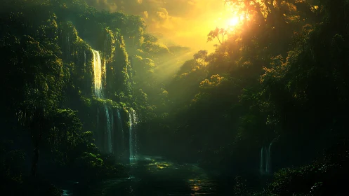 Mystical jungle waterfall bathed in golden sunrise light