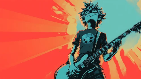 Guitar rebel under radiant rays in bold duotone style.