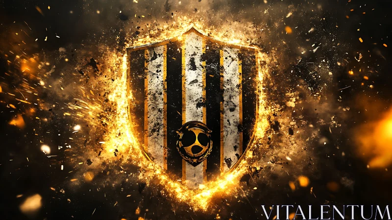 Blazing striped shield erupts in molten embers of glory.