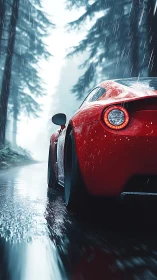 Scarlet rain-runner carving misty forest asphalt dreams.
