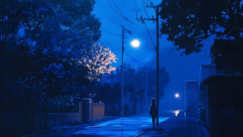Blue midnight avenue quietly cradles a lone daydreamer