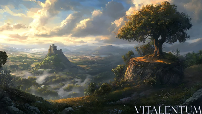 Sunlit cliffside tree overlooking distant misty citadel.
