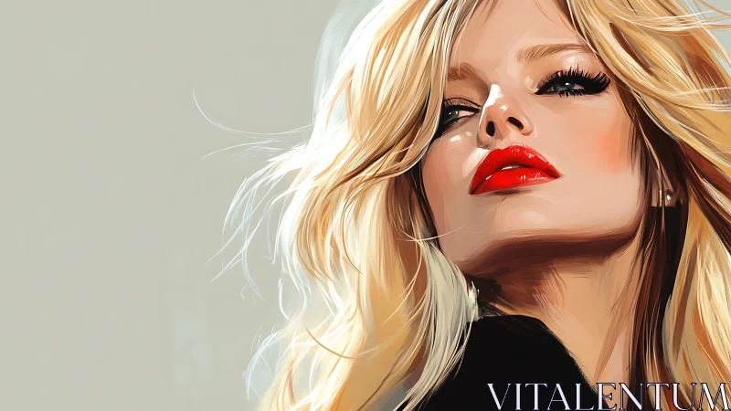 Luminous blonde portrait with bold scarlet lips elevated.