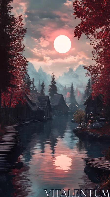Crimson forest village rests beneath an oversized glowing moon.