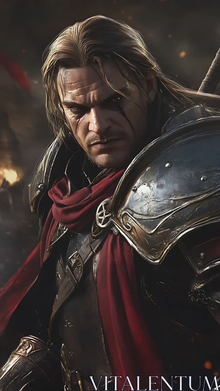 Battle-scarred knight in crimson cloak and steel armor.