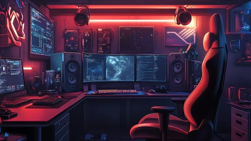 Multi-monitor workstation shows RGB-lit desktop and chair