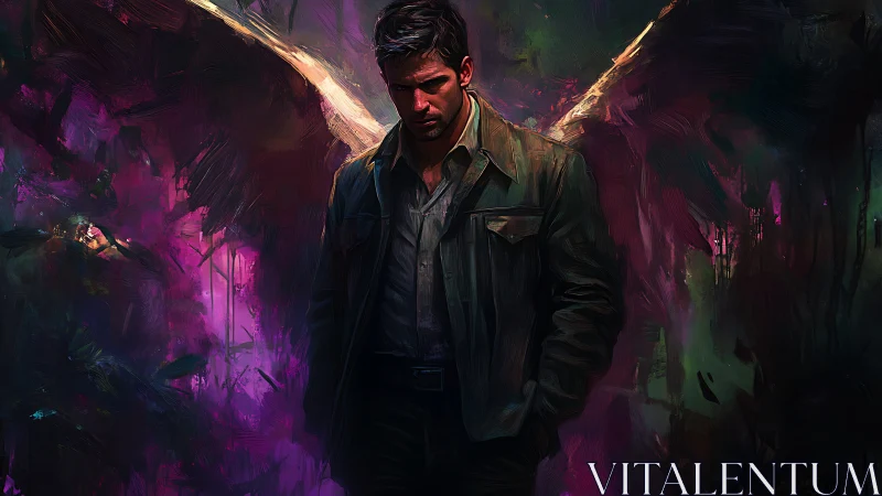 Man with shadowed wings stands in vivid abstract light