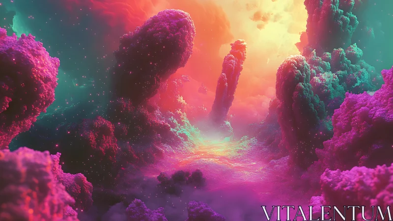 Nebula-like volumetric clouds form a luminous abstract canyon