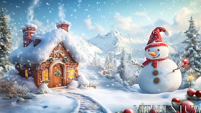 Snowman stands beside snow covered cottage in winter valley