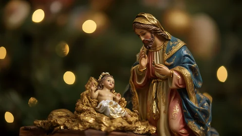Nativity figurines glow in candlelit bokeh and reverent hush.