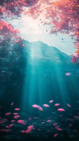 Pink fish swim under teal water with bright surface light