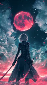 Lone swordswoman beneath a luminous crimson moon.