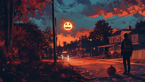 Boy watches jack o lantern moon over suburban street