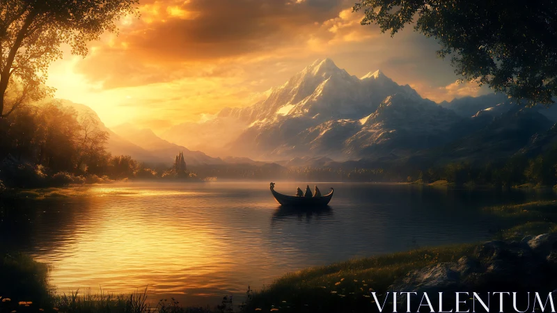 Sunlit mountain lake with lone boat under golden sky