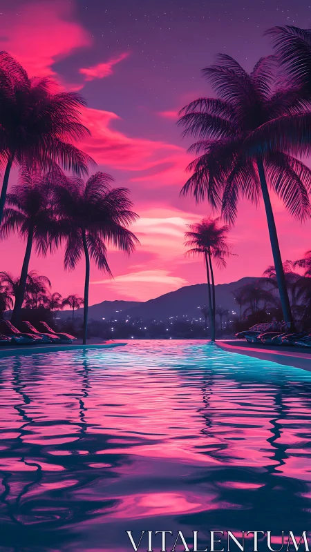 Neon gradient sunset over infinity pool with reflective palm silhouettes