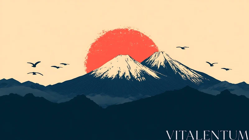 Crimson sun behind twin peaks with silhouetted flight path.