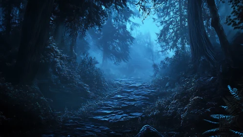 Misty Forest Path Through Ancient Woods.