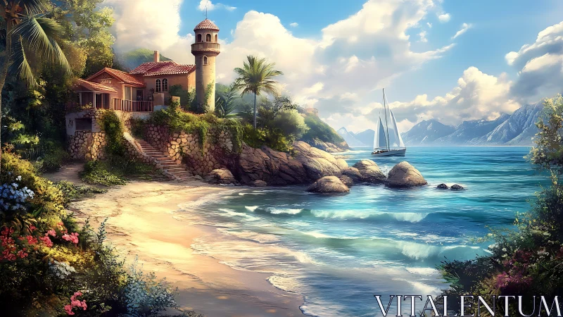 Mediterranean Coastal Villa: Digital Landscape with Sailboat.