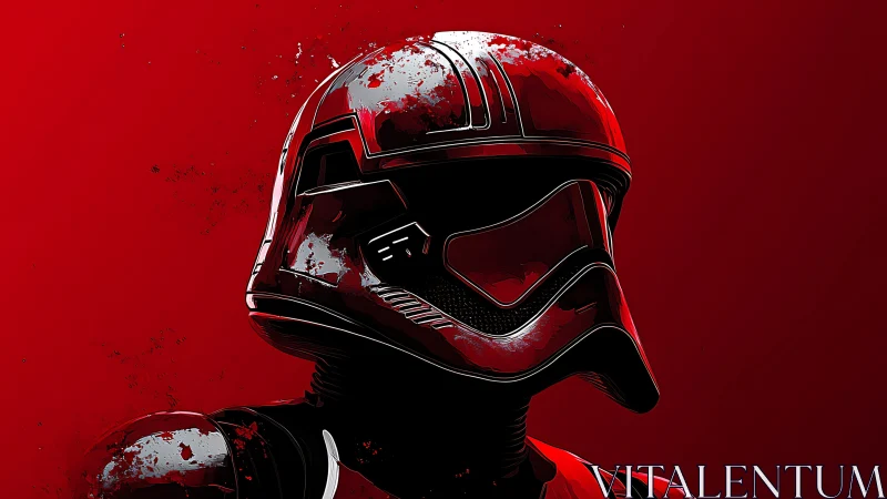 Crimson helm of the faceless trooper in blood-red silence.