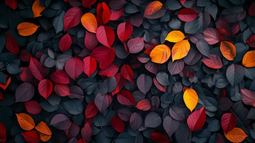 Autumn leaves form vivid red and orange pattern on dark ground