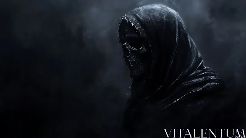 Hooded skeletal figure is rendered in a dark atmospheric field