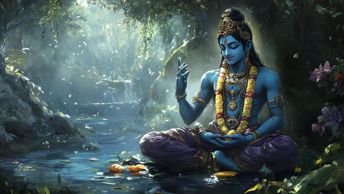 Blue-skinned deity in lotus pose beside forest stream.