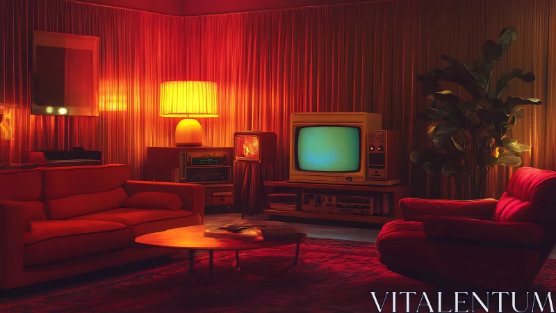 Warm retro living room glowing in vintage TV light.