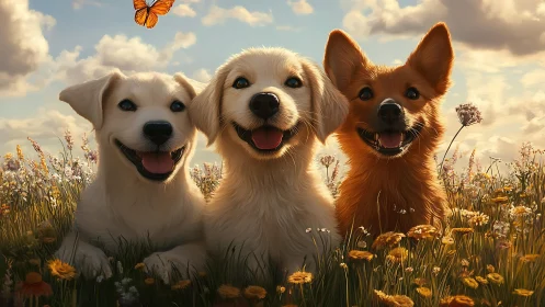 Joyful puppies in golden meadow under warm sunset sky.