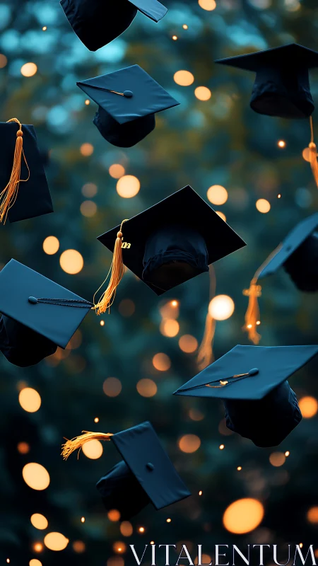 Graduation caps tossed in air with golden bokeh lights.