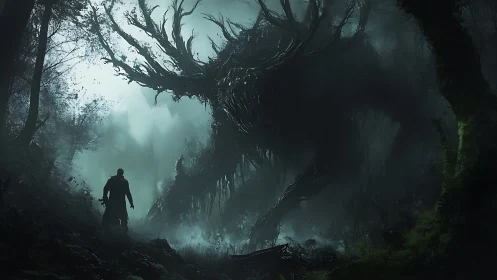 Solitary hunter confronts colossal antlered forest wraith