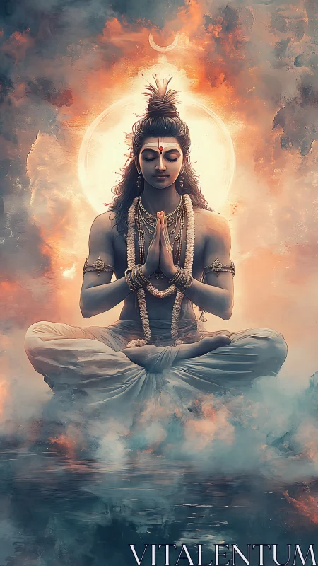 Serene divine yogi levitates in luminous cosmic stillness
