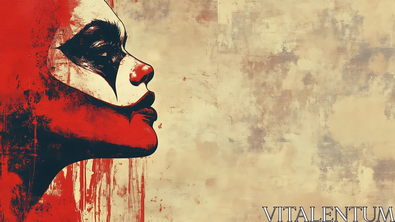 Profile portrait of stylized clown face with distressed red paint
