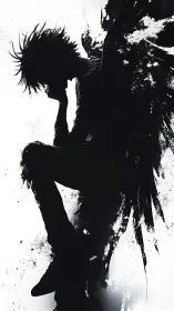 Shadowed angel curls into thought while wings dissolve to ink