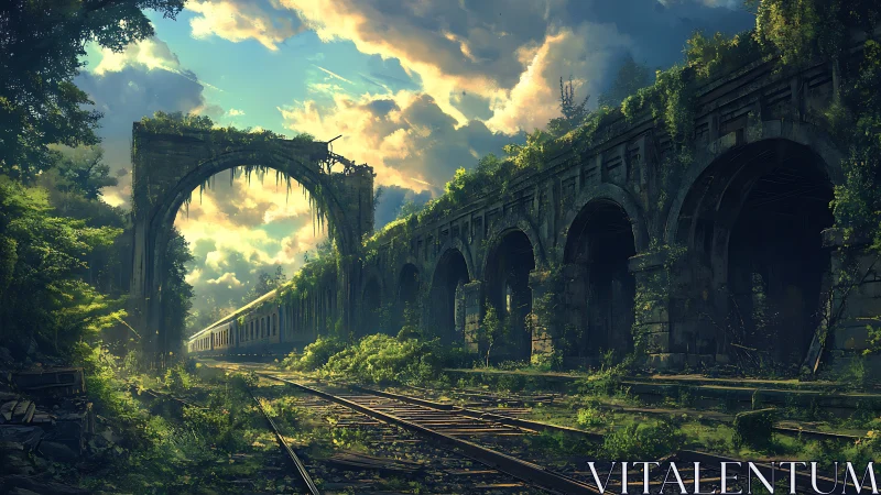 Sunlit ruins embrace overgrown railway and lone train.