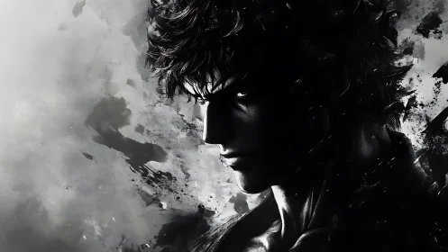 Storm-lit warrior in inky shadows and swirling resolve.