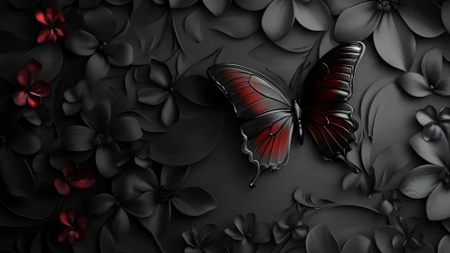Scarlet butterfly rests amid sculpted black floral shadows
