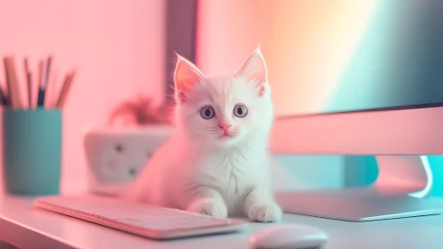 White Kitten on Gradient Workspace. Digital Illustration.
