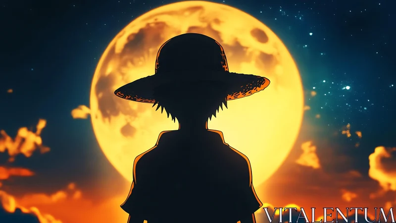 Silhouetted straw-hatted figure against oversized lunar disc.