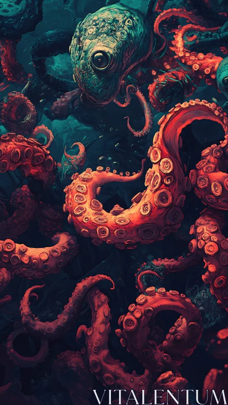 Giant octopus creature curls bright tentacles underwater.