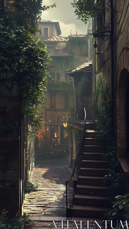 Narrow stone alley with ivy, external stair and diffuse dusk lighting