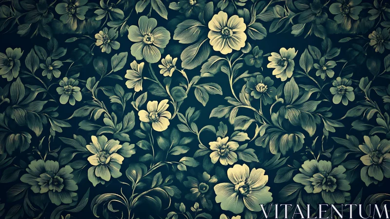 Dense teal floral pattern with vintage botanical blooms.