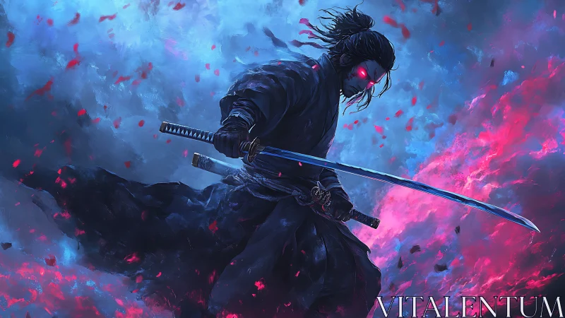 Cybernetic ronin with glowing katana amid neon stormfield