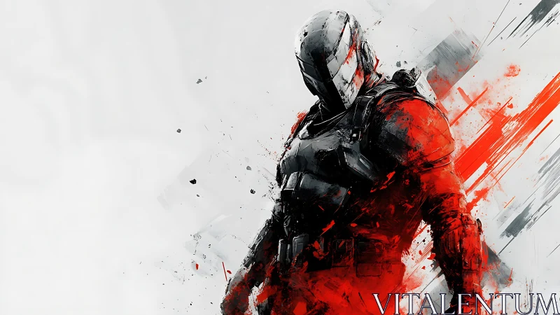 Armored sci fi soldier framed by red abstract motion streaks.