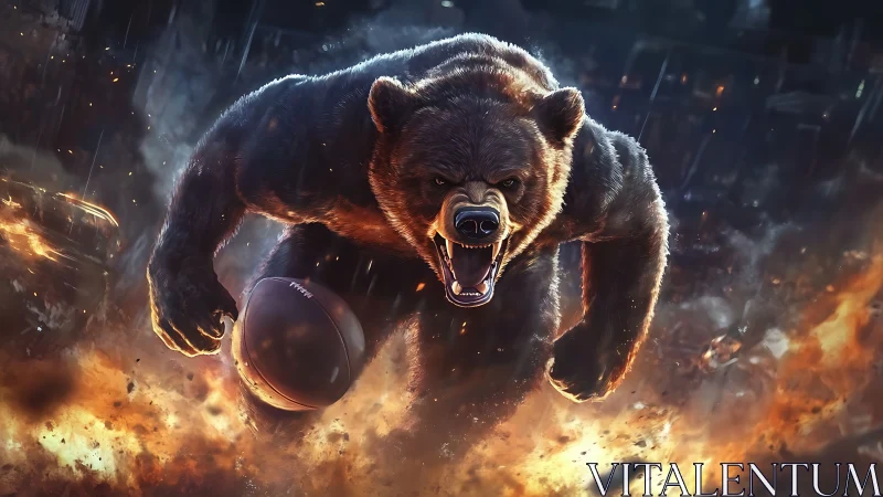 Roaring gridiron bear charging through sparks and stormy fire.
