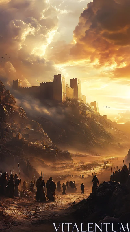 Stormlit citadel above a marching river of warriors.