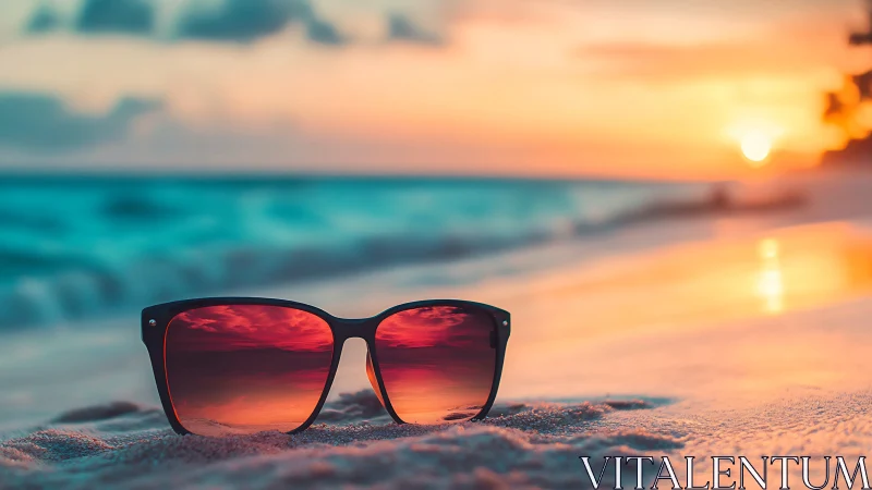 Sunglasses reflect fiery sunset over glowing tropical shoreline.