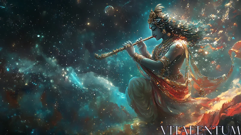 Figure playing flute rendered against dense cosmic nebula field