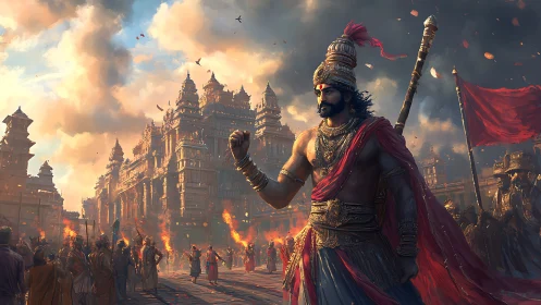 Ancient warrior leader stands before burning temple city