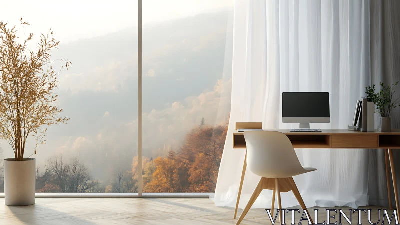 Minimalist workstation with panoramic glazing and diffused daylight