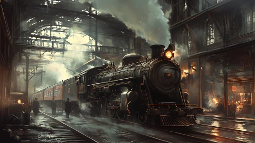 Steam locomotive in dim industrial train station at dusk.